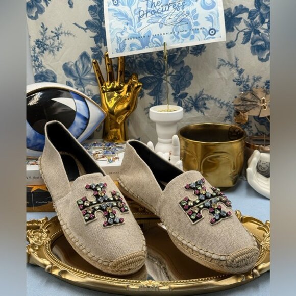 🆕 TORY BURCH 🧿 NWOB Ines Linen & Leather Bejewelled Espadrilles - Sz 10 M - Picture 4 of 13